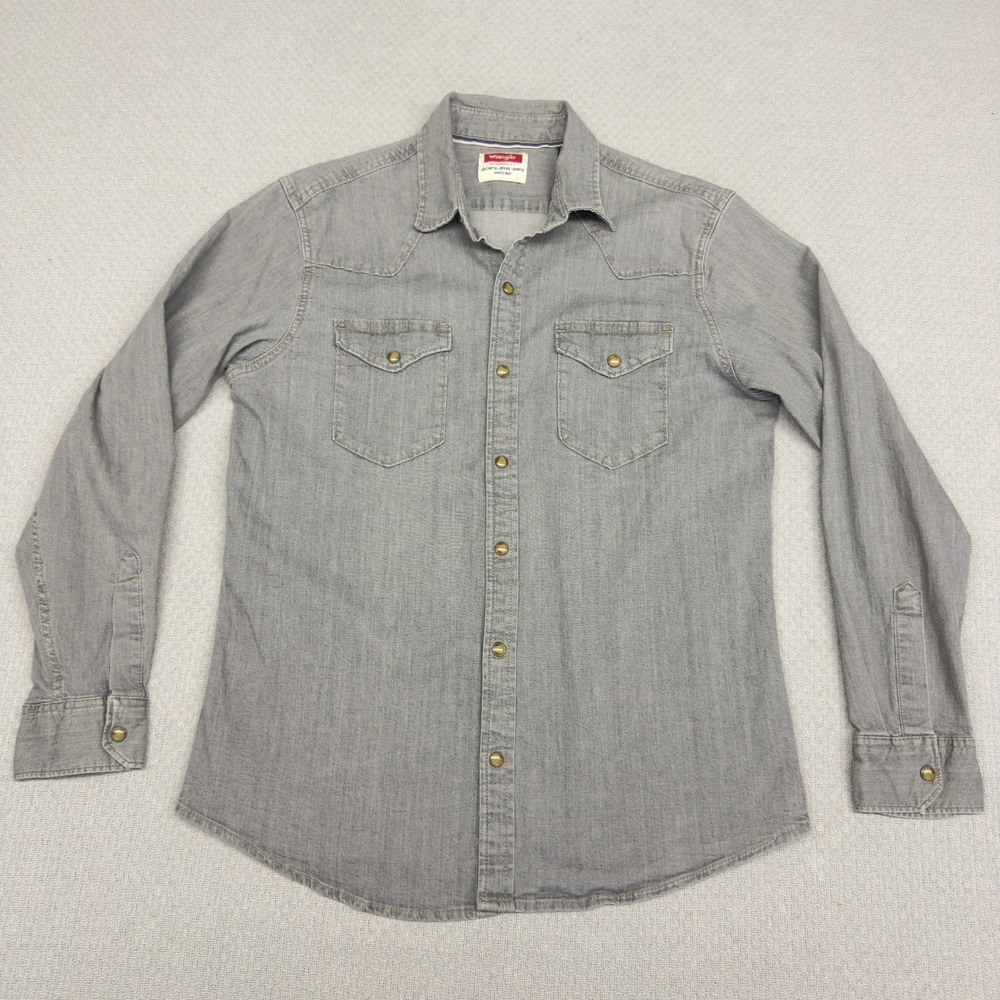 Wrangler Denim Pearl Snap Shirt Mens Medium Gray Western Cowboy Retro Casual